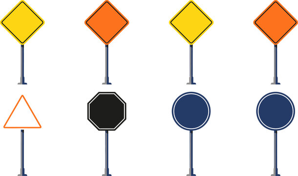 Blank road signs vector set, 8 traffic sign templates in yellow, orange and blue, empty street signage collection for custom icons and warnings