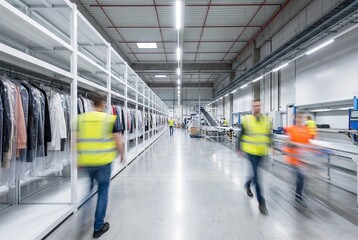 Fototapeta premium Workers in high visibility vests moving goods in a modern distribution warehouse