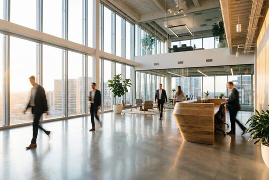 Business professionals in a modern, sunlit office with large windows