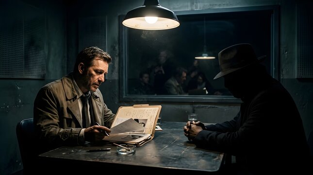 Police detective interviewing a suspect under a bright lamp in a dark interrogation room for a criminal investigation with detective