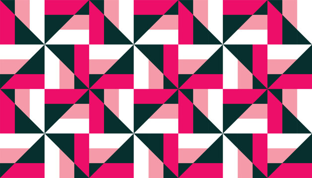 Geometric abstract modular mosaic seamless pattern, trendy retro Bauhaus style vector background. Bold pink and fuchsia ornament with triangles for fabric print and wrapping paper.