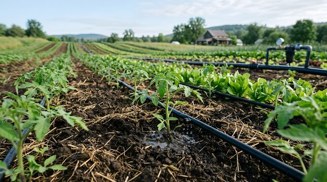 Agricultural drip irrigation system lines running through rows of young vegetable plants with irrigation agriculture vegetables