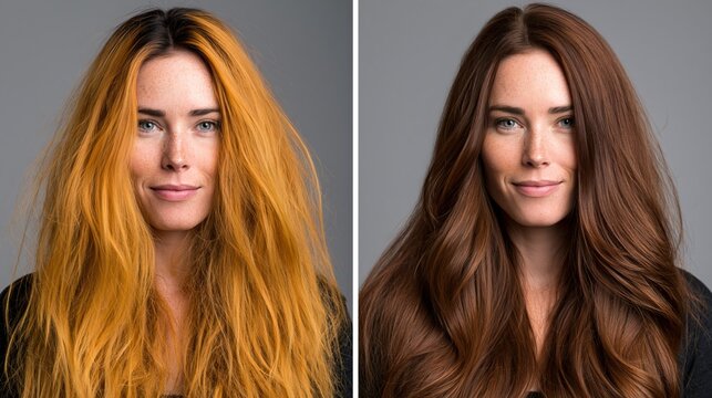 Split frame showing brassy hair versus color-corrected hair. Concept of hair color correction.