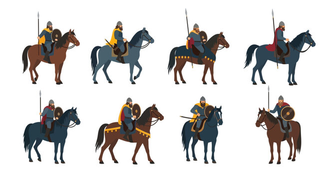 Set of Medieval Viking Warriors Riding Horses