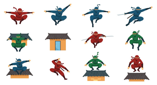 Set of Pixel Art Ninja Characters in Various Action Poses