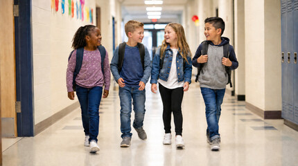 Naklejka premium Schoolchildren Walking Together in Elementary School Hallway