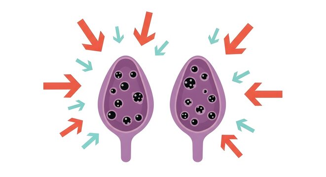 Illustration of two dividing cells undergoing mitosis with directional arrows.