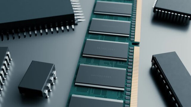 Computer memory ram module on circuit board with microchips
