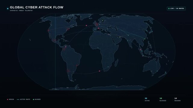 Global cyber attack flow dashboard animation showing world map threat telemetry and active routes