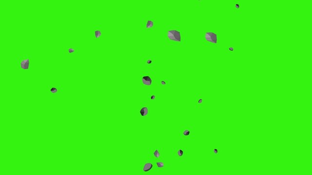 animated video on green screen, rocks spinning and flying from bottom to top, with a huge number of rocks