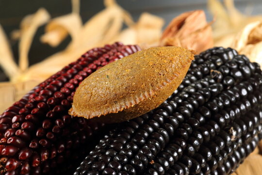 Cornmeal mush pastry served on ears of corn of various colors.