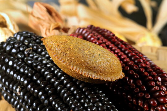 Cornmeal mush pastry served on ears of corn of various colors.
