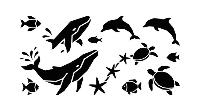Minimalist black stencil design featuring silhouettes of whales dolphins sea turtles starfish and tropical fish on a white background
