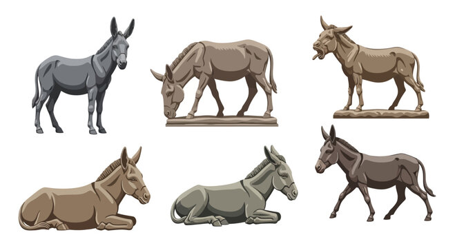 Set of Various Donkeys in Different Poses Isolated on White Background
