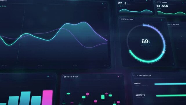Financial data visualization dashboard animation with glowing line graphs and system load charts