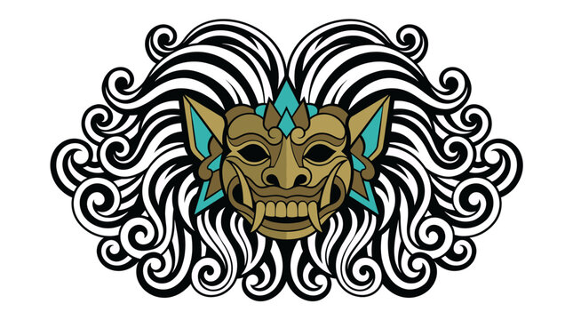 Golden mask with white swirling hair graphic.