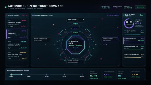 Autonomous zero trust cybersecurity dashboard animation with artificial intelligence defense core