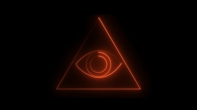 Abstract neon orange color Eye of Providence icon on black background .