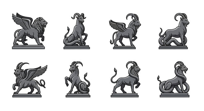 Set of Mythical Chimera and Capricorn Stone Statues