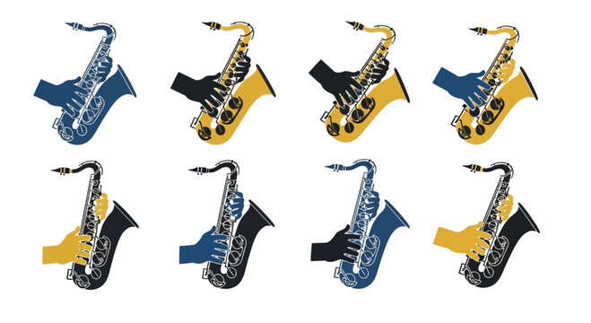 Set of Saxophone Player Icons with Hands Playing Musical Instrument