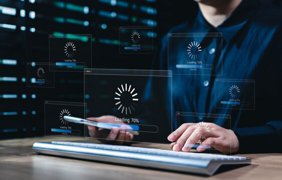 Loading process and system update concept with virtual progress bars, representing software installation, data synchronization, application update, cloud processing, digital workflow waiting status