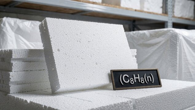 Stack white foam blocks warehouse stacked top each other arranged neat center there small black sign text read