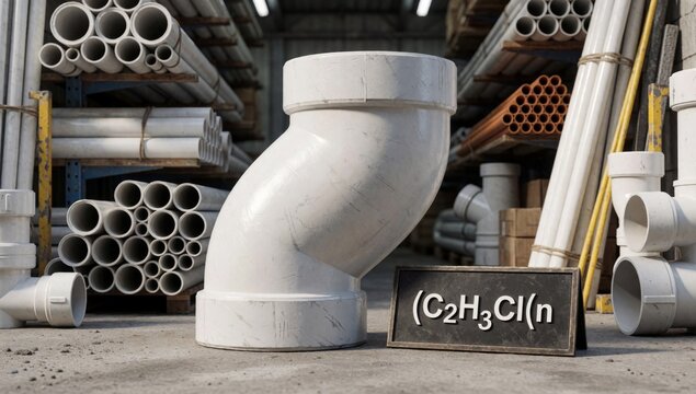 Large white pvc pipe warehouse shape degree elbow has textured surface placed ground front black sign reads c2