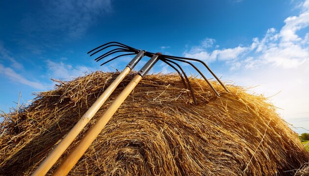 hay stack or haystack hayforks for horse feed on blue sky background mowed dry grass hay in stack or haystack on farm field hay pile stack farmer mowed for animal feeding big haystack harvest