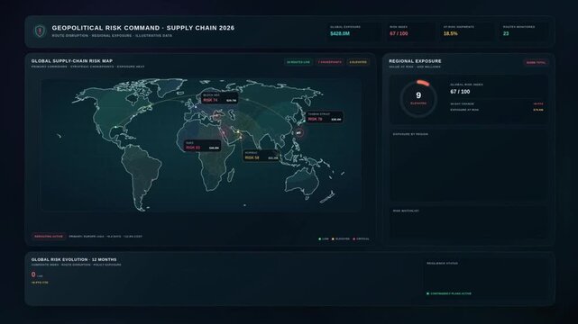 Global supply chain risk command dashboard animation with geopolitical exposure map and data charts