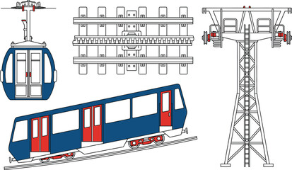 Vector set of mountain transportation elements including funicular train, cable car gondola, tracks, and support tower © RANIBALA