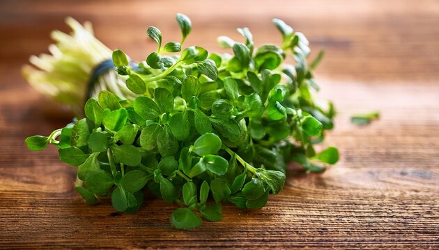 raw green living cress or watercress leaves bunch on wooden table background organic healthy leaves of cress for eat garden cress or watercress lepidium sativum mustard garden pepper pepperwort