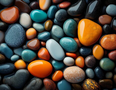 colorful sea pebble stones rocks wet on beach different forms multicolor pebbles stone green orange grey black as natural rock abstract texture background close up rock colorful pebble stones