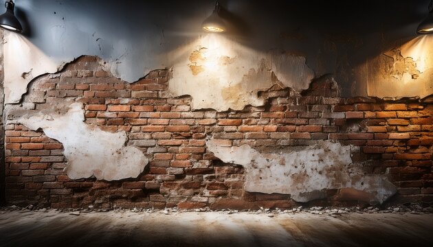 a dilapidated wall revealing aged brickwork beneath crumbling plaster illuminated by subtle spotlights creates a dramatic and textured backdrop for design projects