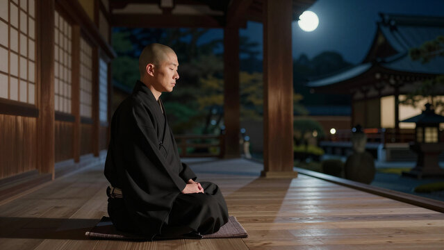 Japanese Buddhist Monk Meditating Under Moonlight on Temple Corridor, Copy space on the right, Side view