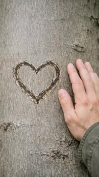 A person's hand touching a heart carved into a tree bark.