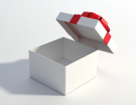 Open White Gift Box with Red Ribbon on White Background.
