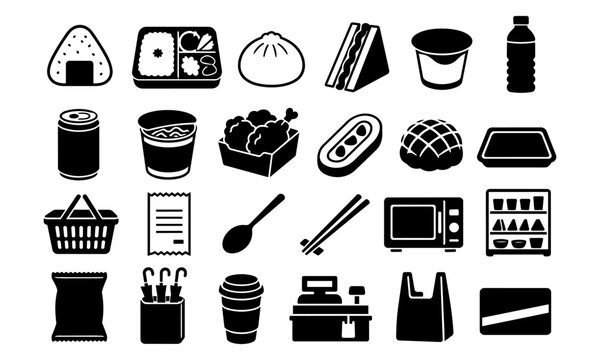 Japanese convenience store food silhouette icon set