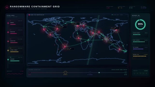 Global ransomware containment grid dashboard animation with cyber attack map and recovery data