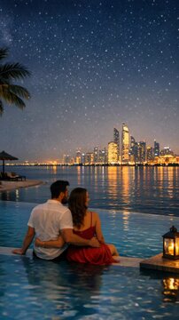 A couple relaxing and cuddling in a jacuzzi under the starry sky with the city lights reflecting on the water.