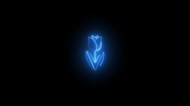 Tulip icon glows with blue neon light against a dark black background.
