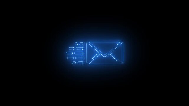 Envelope icon glows with blue neon light against a dark black background.