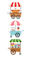 Fototapeta premium Street Food Carts: Hot Dog, Ice Cream, and Flower Stands