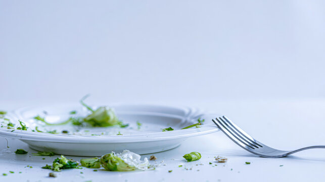Empty plate leftover food salad crumbs fork white porcelain plate minimal background negative space natural light macro photography clean table