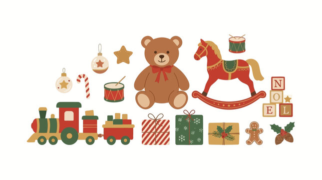 Christmas Toys Assortment: A delightful collection of festive Christmas toys, including a toy train, teddy bear, rocking horse, gingerbread man, and gift boxes.