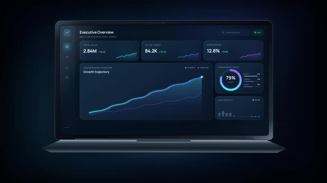 Executive business intelligence laptop dashboard animation with real time growth trajectory charts