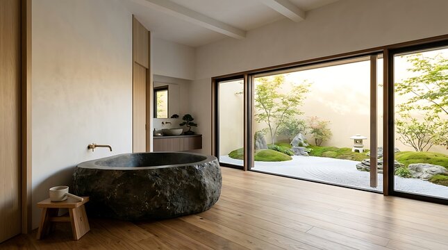 Empty luxury minimalist Zen bathroom with stone bathtub and peaceful rock garden view