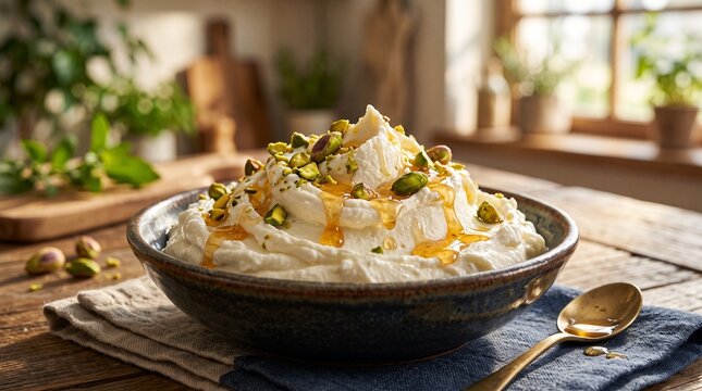 Creamy ricotta cheese drizzled with honey and topped with pistachios