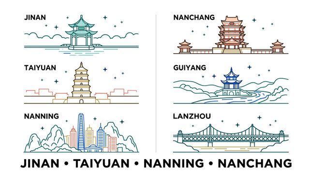 Colorful Minimal Line Art Chinese City Landmark Collection Vector Set with Pagodas Bridges and Skylines