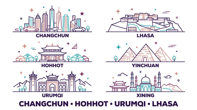 China cities skylines vector outline icons set. Changchun, Lhasa, Hohhot, Yinchuan, Urumqi and Xining landmarks and architecture silhouettes design templates.