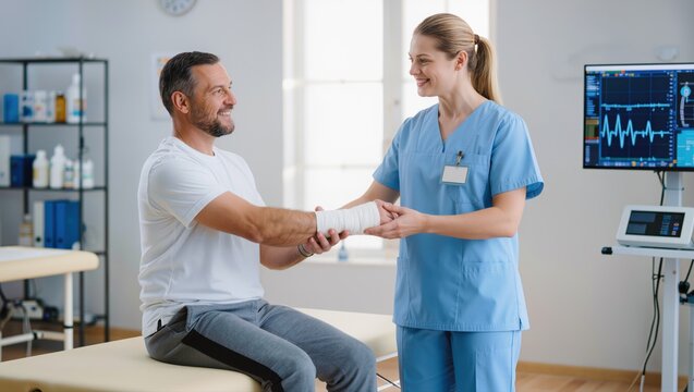 A female healthcare professional examines a male patient's bandaged wrist in a medical office setting.